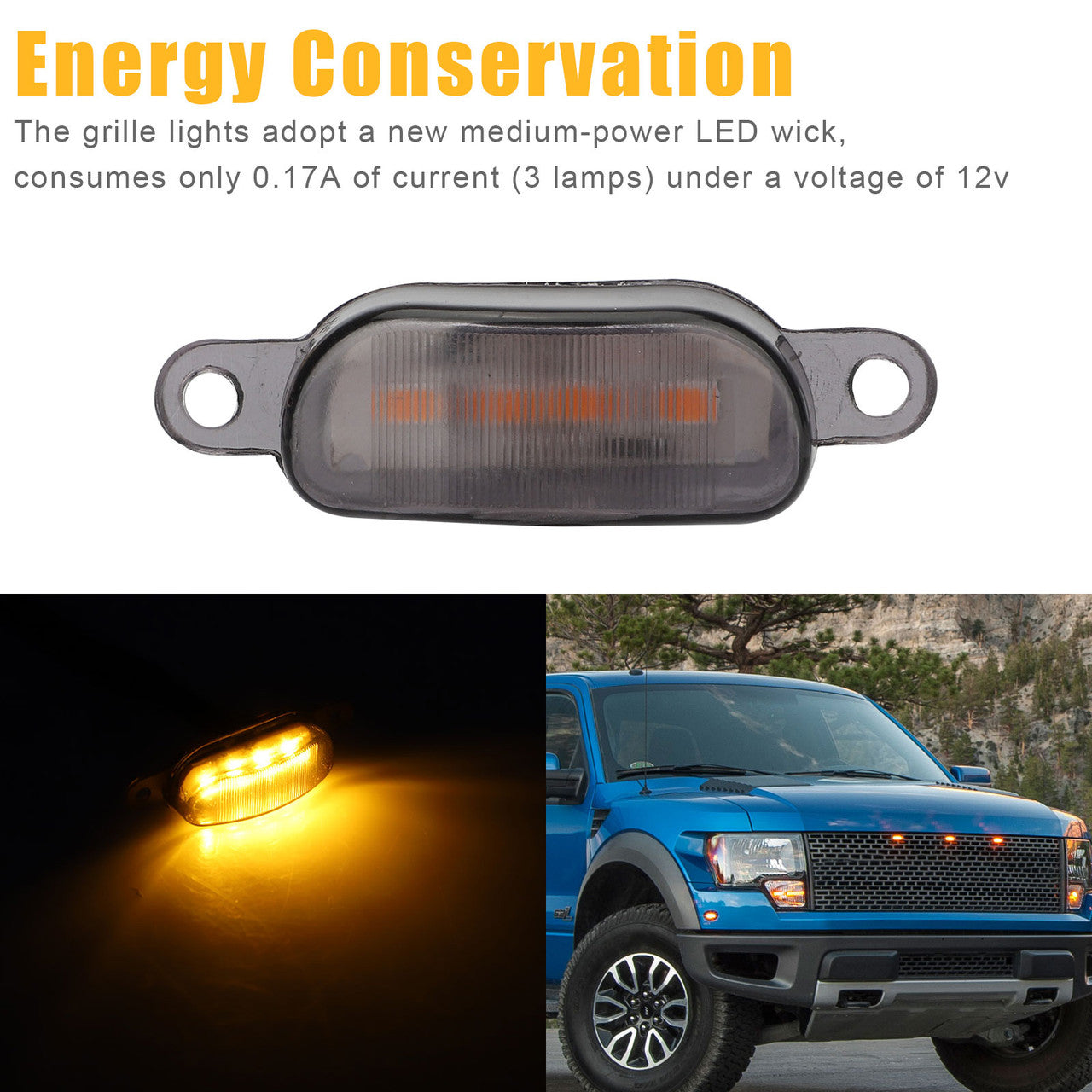 Amber LED Front Grille Lights Raptor Style Lighting Kit For Ford F150, 3pcs