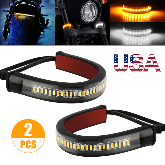 Switchback Amber White LED Fork Turn Signal DRL Light Strips For Motorcycle, 2pcs