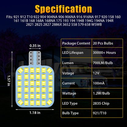 20 Pcs Super Bright 921 T10 922 912 6000K White LED Bulbs - Replacement Lighting 36-SMD for Automotives,Car,Marine Ceiling Indoor Light