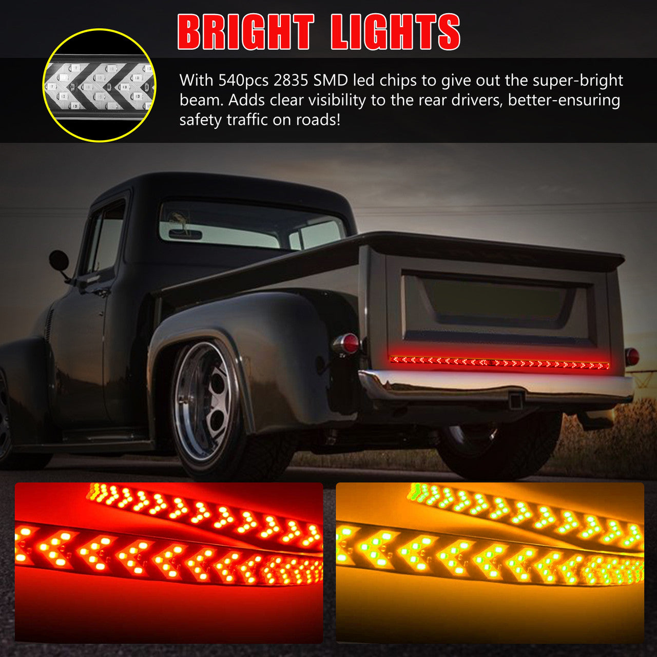 LED Turn Signal Tail Reverse Light Bar with Bright Lights, Red/Yellow Waterproof, 60 inch