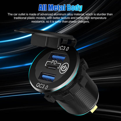 QC3.0 PD Fast Car Charger Socket with Dual USB Ports and a Metal Body