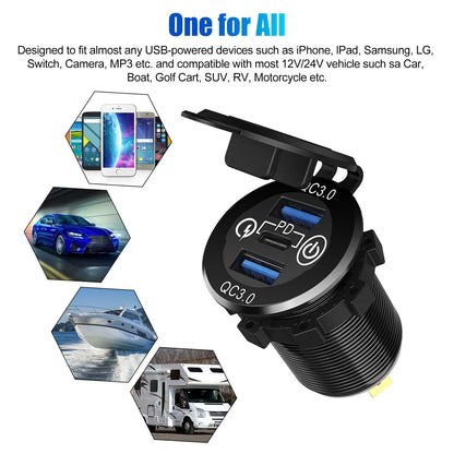 QC3.0 PD Fast Car Charger Socket with Dual USB Ports and a Metal Body