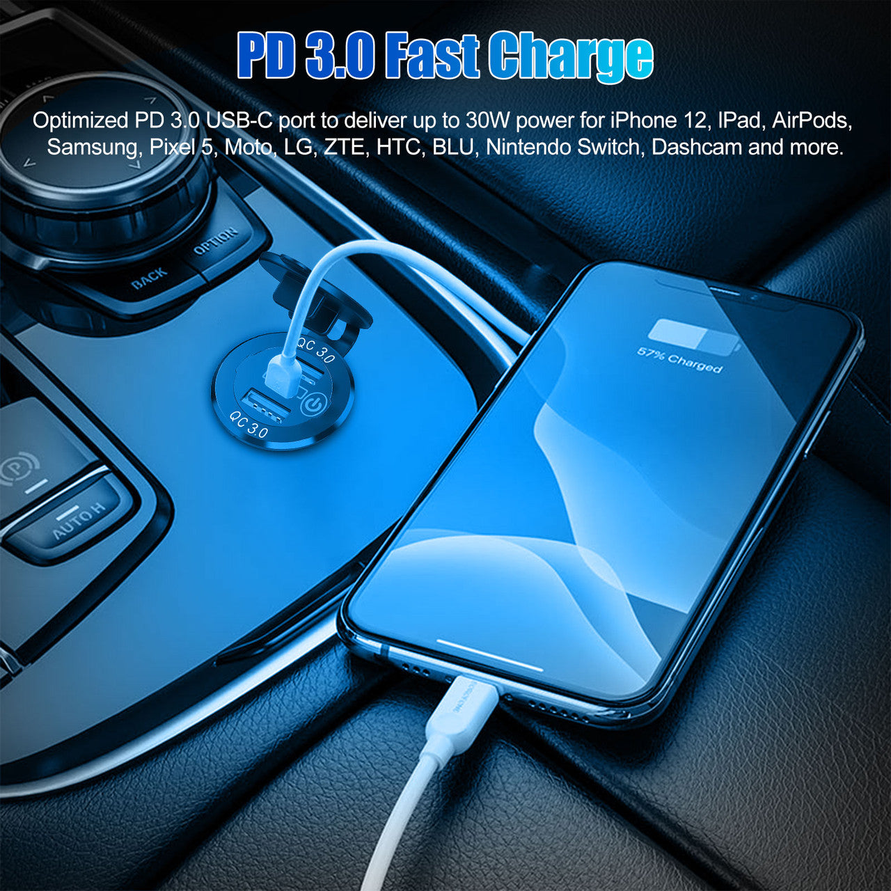 QC3.0 PD Fast Car Charger Socket with Dual USB Ports and a Metal Body, Blue