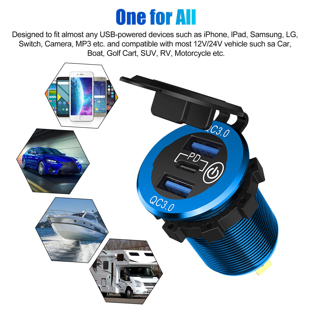 QC3.0 PD Fast Car Charger Socket with Dual USB Ports and a Metal Body, Blue