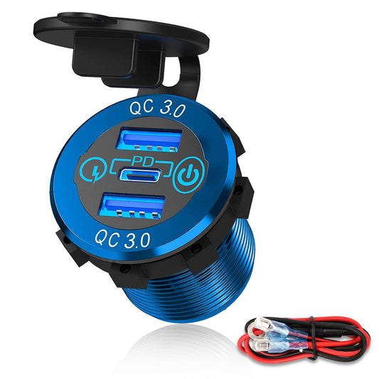 QC3.0 PD Fast Car Charger Socket with Dual USB Ports and a Metal Body, Blue