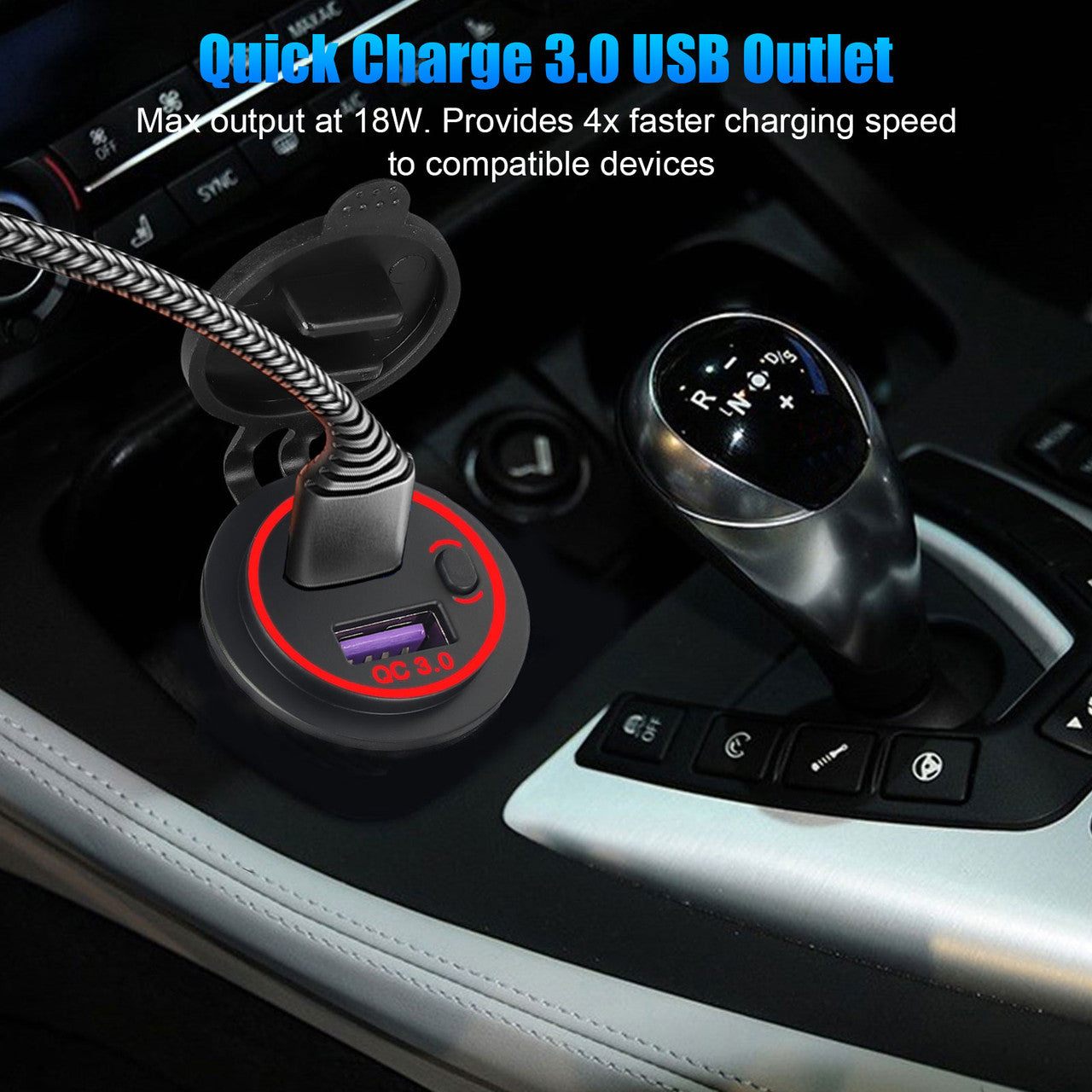 USB C Car Charger Socket with Switch, Red