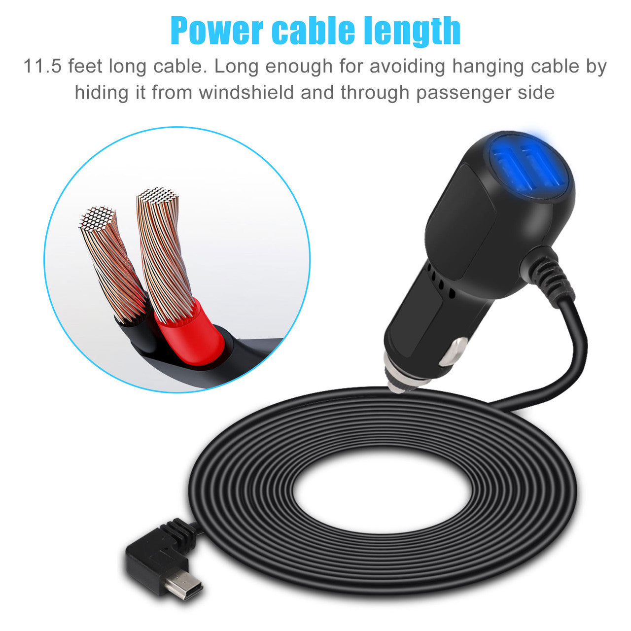 Dash Cam Car Charger Mini USB Cable, Compatible with Navigational GPS and Dash Cam DVRs