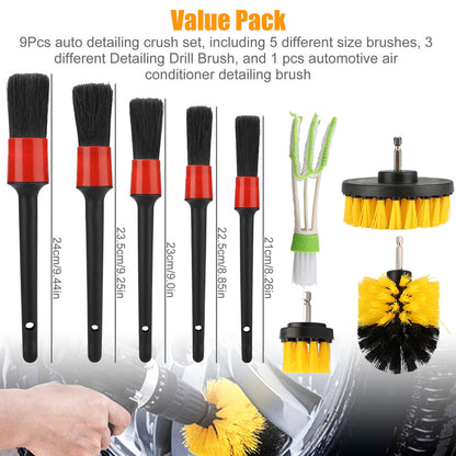 Car Cleaning Kit with 5 Different Brush Sizes, 9pcs