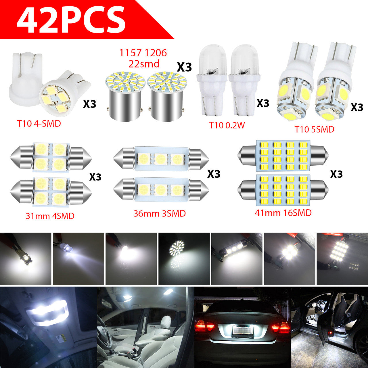 Auto Car Interior LED Light Dome License Plate Mixed Lamp Set Kit, 42Pcs