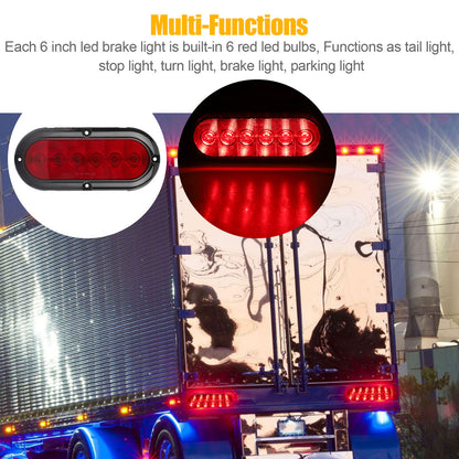 6 inch Red Oval 6 LED Stop Turn Tail Light, 2pcs