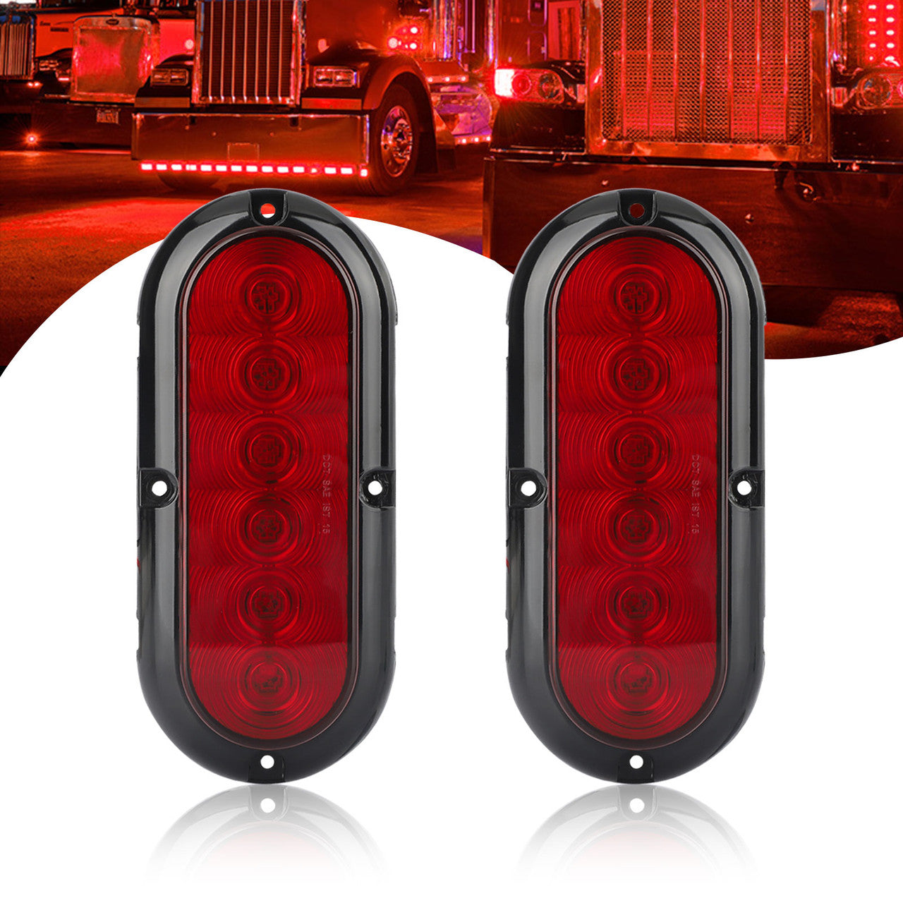 6 inch Red Oval 6 LED Stop Turn Tail Light, 2pcs