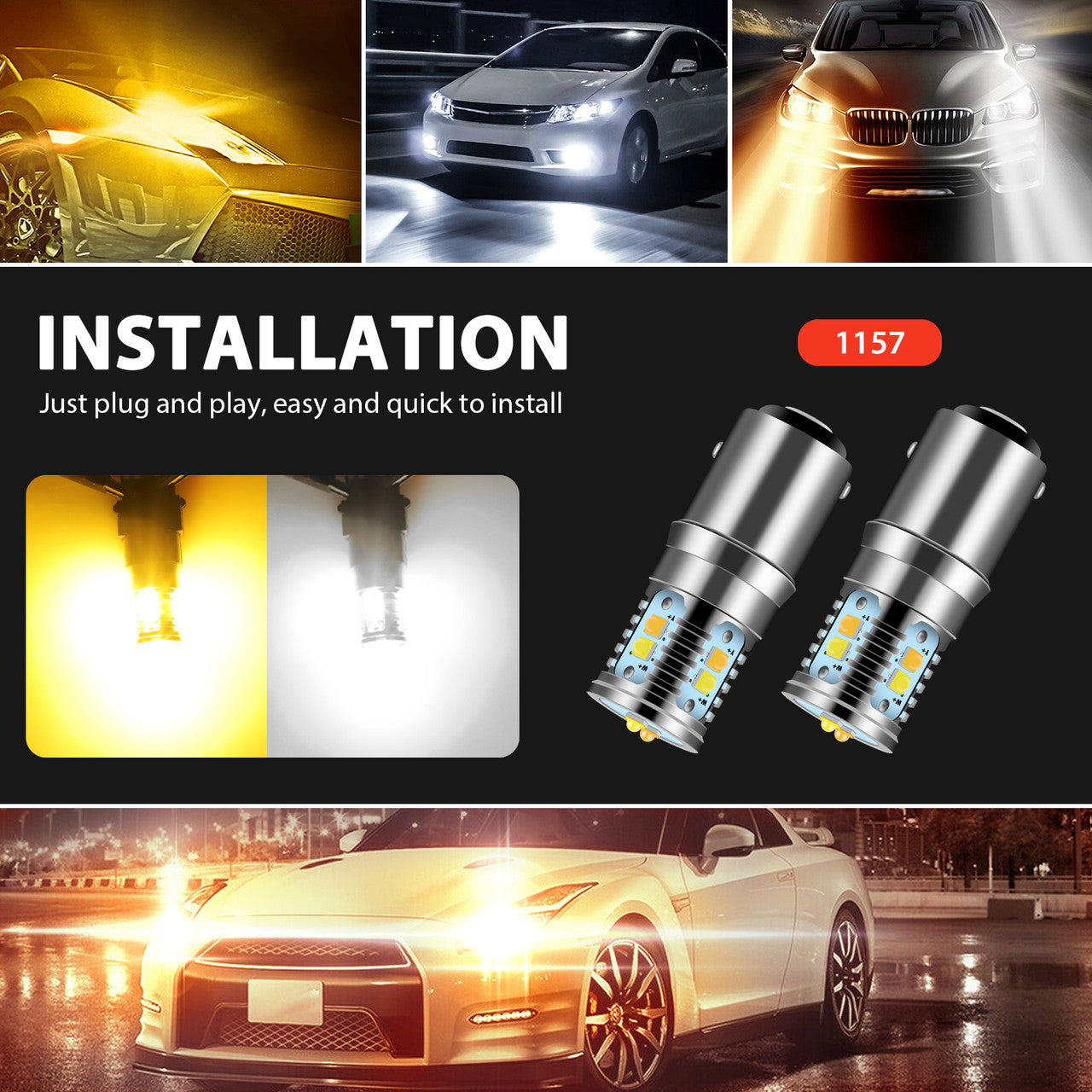 1157 LED Front Turn Signal Parking Light Bulbs with Non-Polarity Design