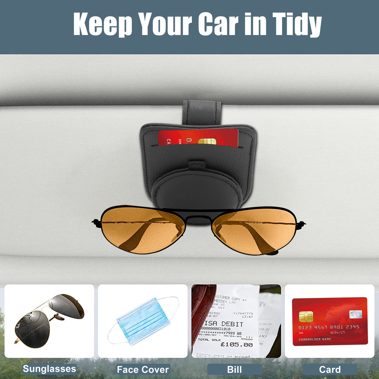 Sunglass Holder for Car Visor-Magnet Sunglasses Holder for Car, Leather Eyeglasses Mount with Ticket Card Sleeve Holder for Car (Black）