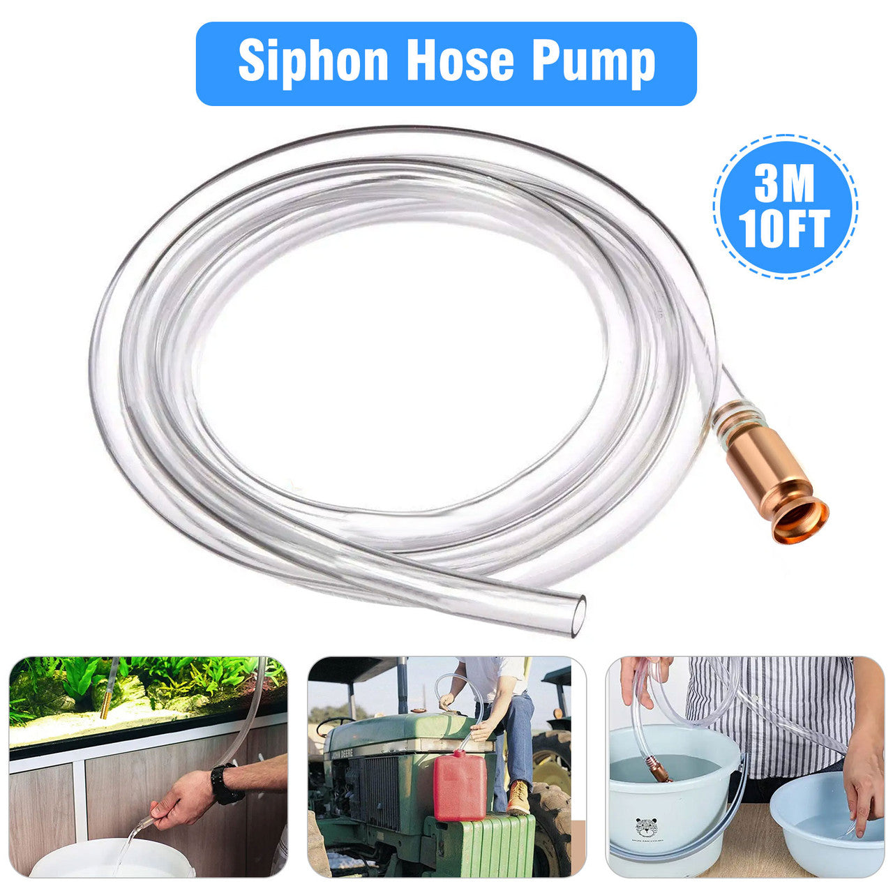 10FT Clear Siphon Hose - High Flow Hand Siphon Pump Gasoline Siphon Hose, Oil Water Fuel Transfer Siphon Pump
