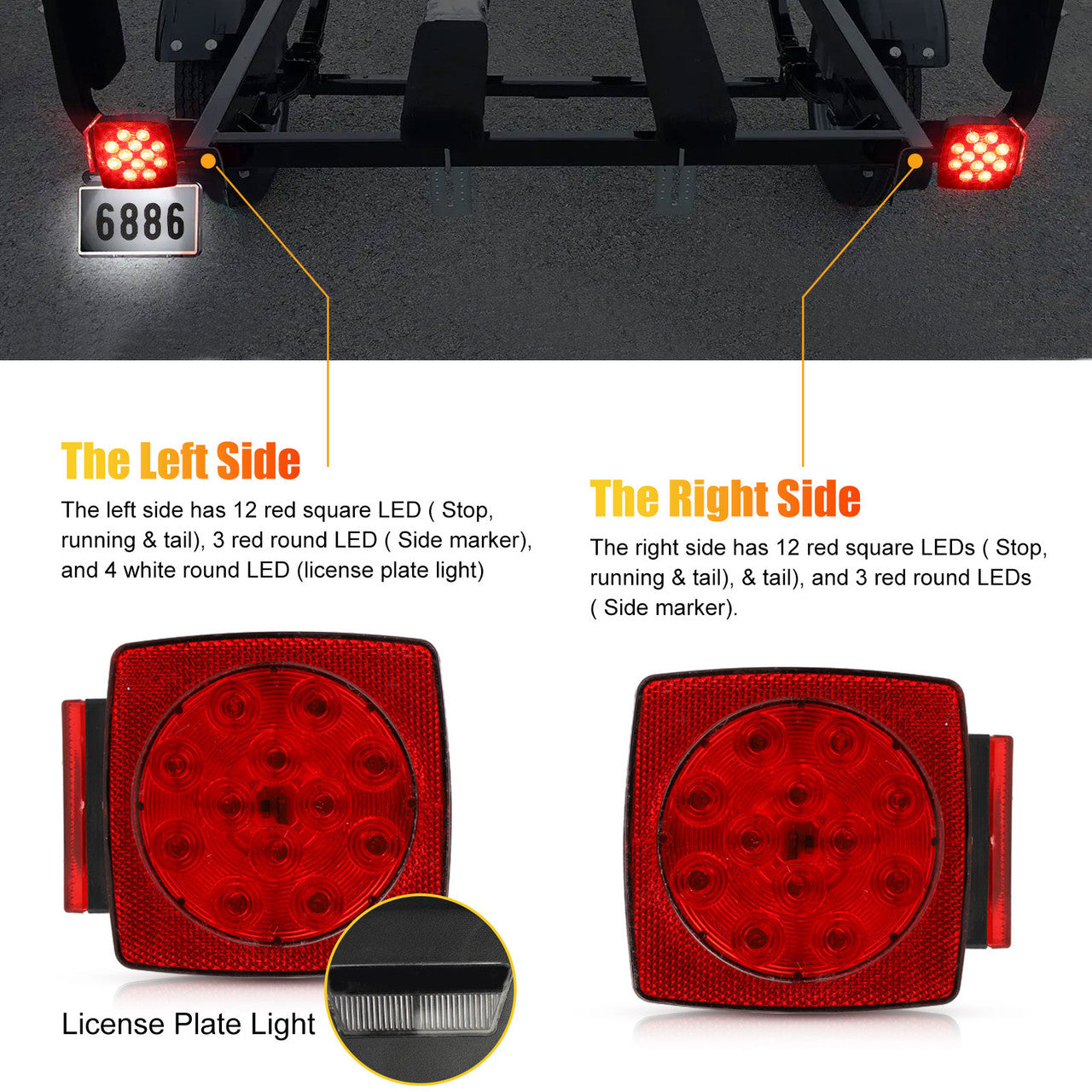 2 Packs Rear LED Trailer Tail Lights - Install Kit, Multi-function Led Trailer Lights,IP68 waterproof rate Boat Truck SUV Trailer