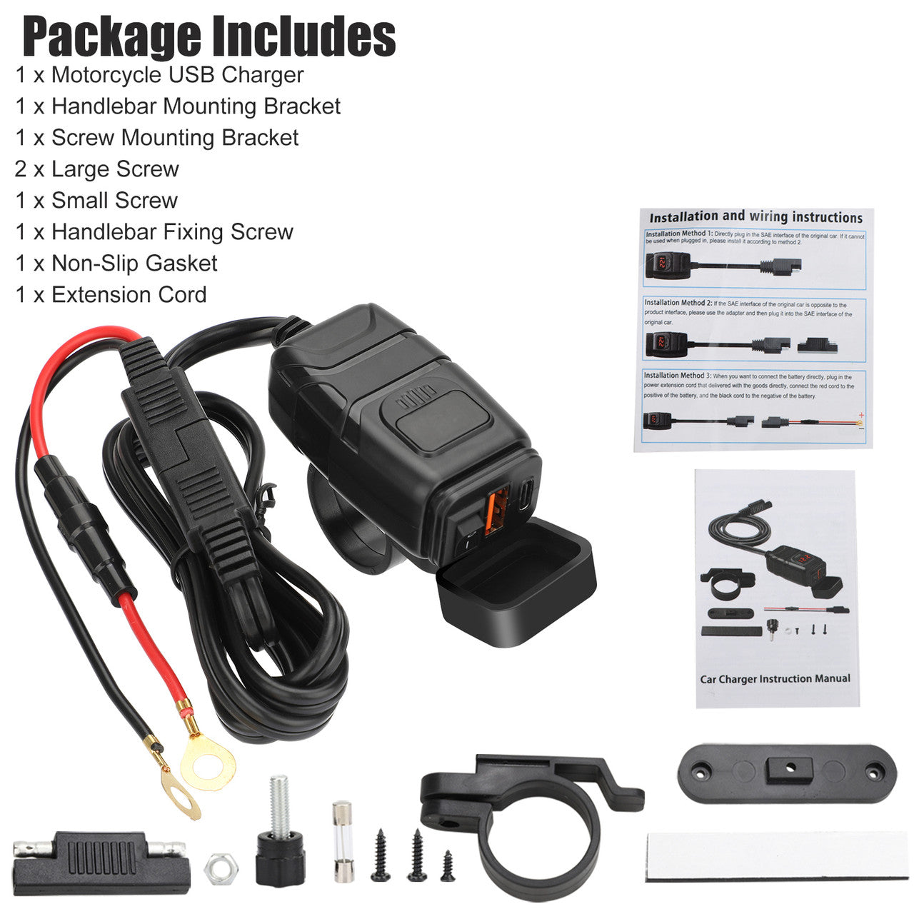 Motorcycle Phone Charger USB -  Waterproof 6.8A Dual Port QC3.0 Fast Charging, Quick Disconnect Sae USB Adapter,Voltmeter,On/Off Switch&Fuse