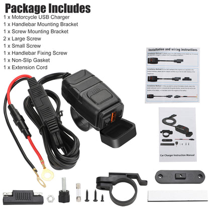 Motorcycle Phone Charger USB -  Waterproof 6.8A Dual Port QC3.0 Fast Charging, Quick Disconnect Sae USB Adapter,Voltmeter,On/Off Switch&Fuse