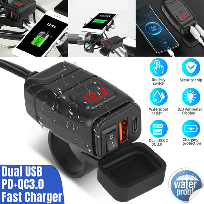 Motorcycle Phone Charger USB -  Waterproof 6.8A Dual Port QC3.0 Fast Charging, Quick Disconnect Sae USB Adapter,Voltmeter,On/Off Switch&Fuse