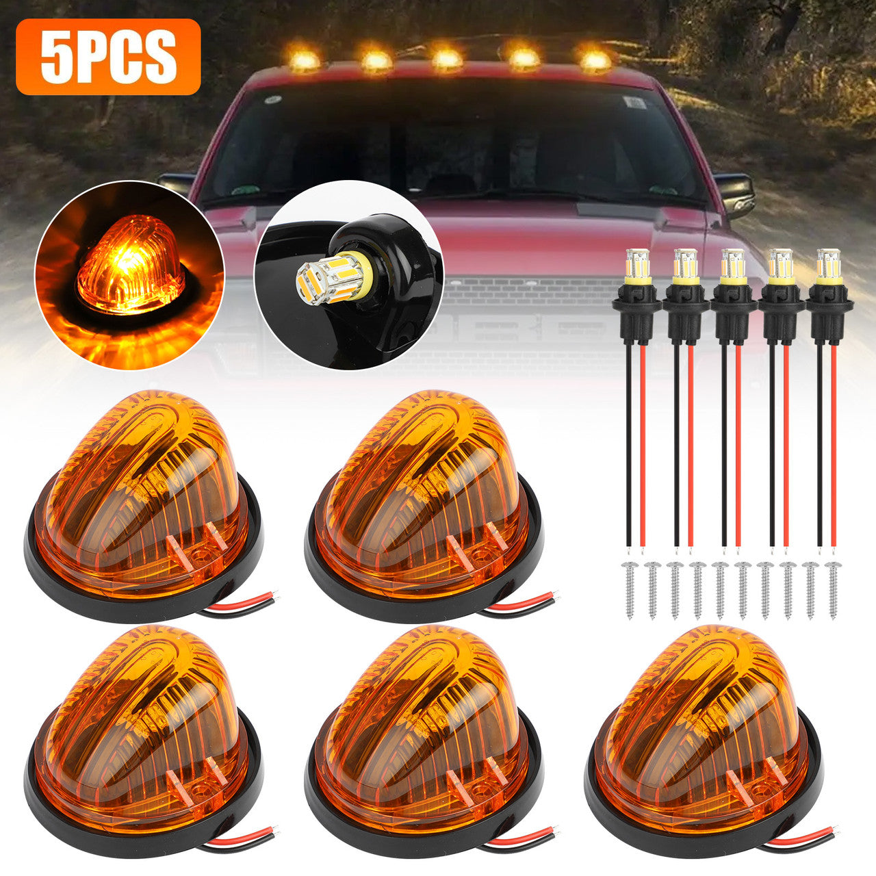 5 Packs Amber Roof Marker Clearance Lights - Roof Top Markers, Amber Running Light Replacement for Truck SUV Van Abs Plastic Wired