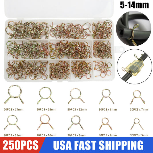 250 Pieces Spring Clamps -10 Sizes Fuel Line Hose Tubing Spring Clips Clamps Assortment Kit for Motorcycle Scooter ATV, 5-14MM