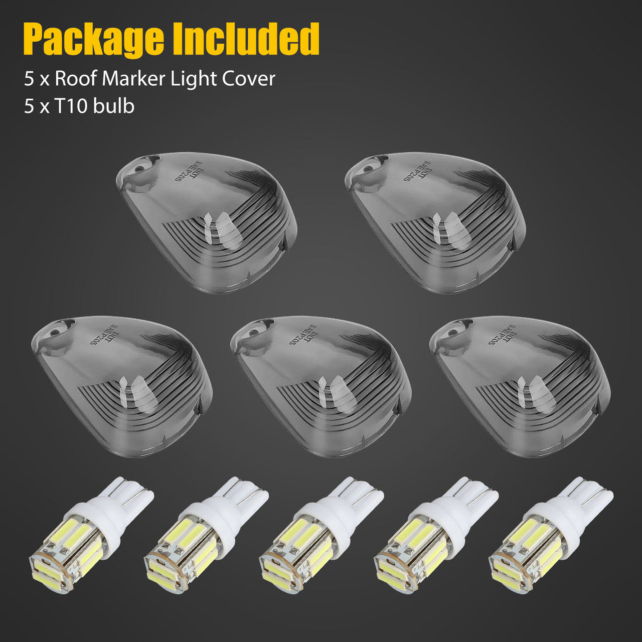 5 Packs Smoked Cab Marker - Roof Running Light- Smoke Cover Lens + 5x T10 6-3020-SMD Amber LED Bulb for 1999-2016 Ford F150 F250 F350 F450 F550 E150 E250 E350 E450 E550