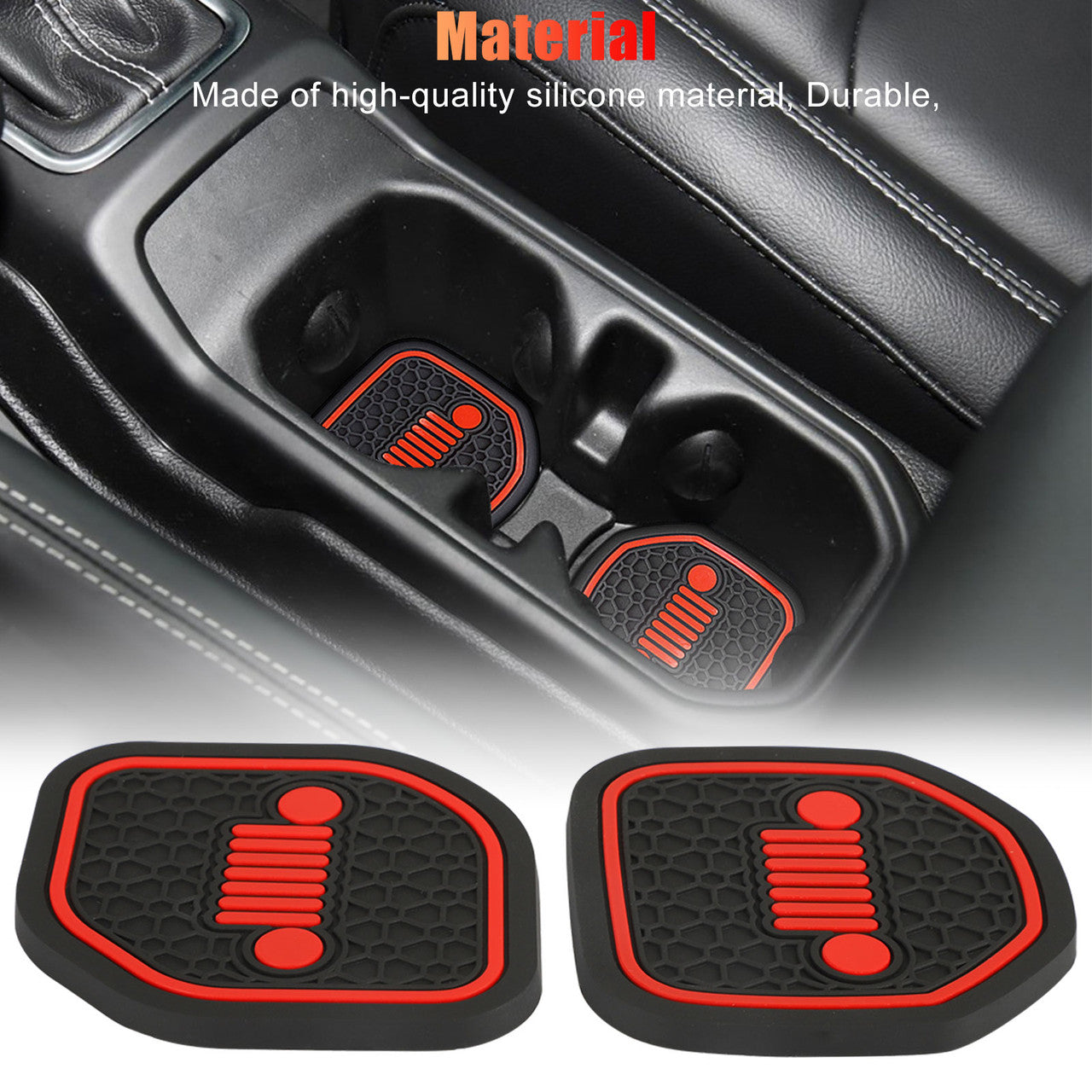 4 Packs Cup Holder Inserts Coaster for Jeep - Fit for 2018 - 2022 Wrangler Jl Jlu 2020-2022 Gladiator Jt Cup Mat Pad Interior Decoration Accessories (Black with Red Details)