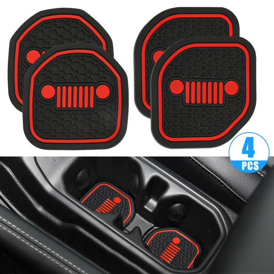 4 Packs Cup Holder Inserts Coaster for Jeep - Fit for 2018 - 2022 Wrangler Jl Jlu 2020-2022 Gladiator Jt Cup Mat Pad Interior Decoration Accessories (Black with Red Details)