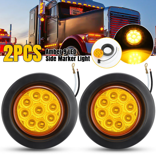 2 Packs LED Round Amber Side Marker - Truck Clearance Light Amber 9 LED with Reflectors Sealed Waterproof 12V 2 Inch Round LED Side Fender Panel Lights