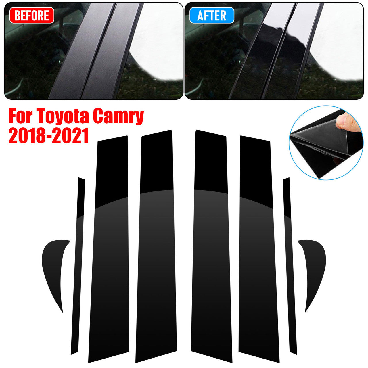 8 Pcs Window Door Trims Covers - Made of PC Mirror Abs Material W/ UV Coating Double-Sided Tape Fit for Toyota Camry 2018-2021 (Black)