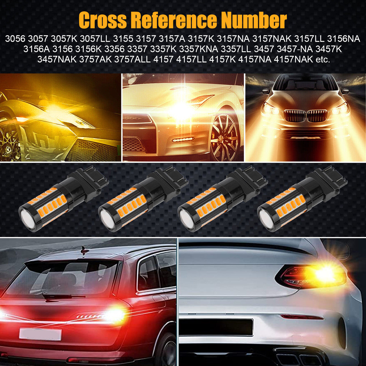 4 Pcs 3157 Turn LED Signal Light - Super Bright 12V 3000K Bulbs for Backup, Reverse, Tail, Parking,Side marker light 33-SMD (Amber)