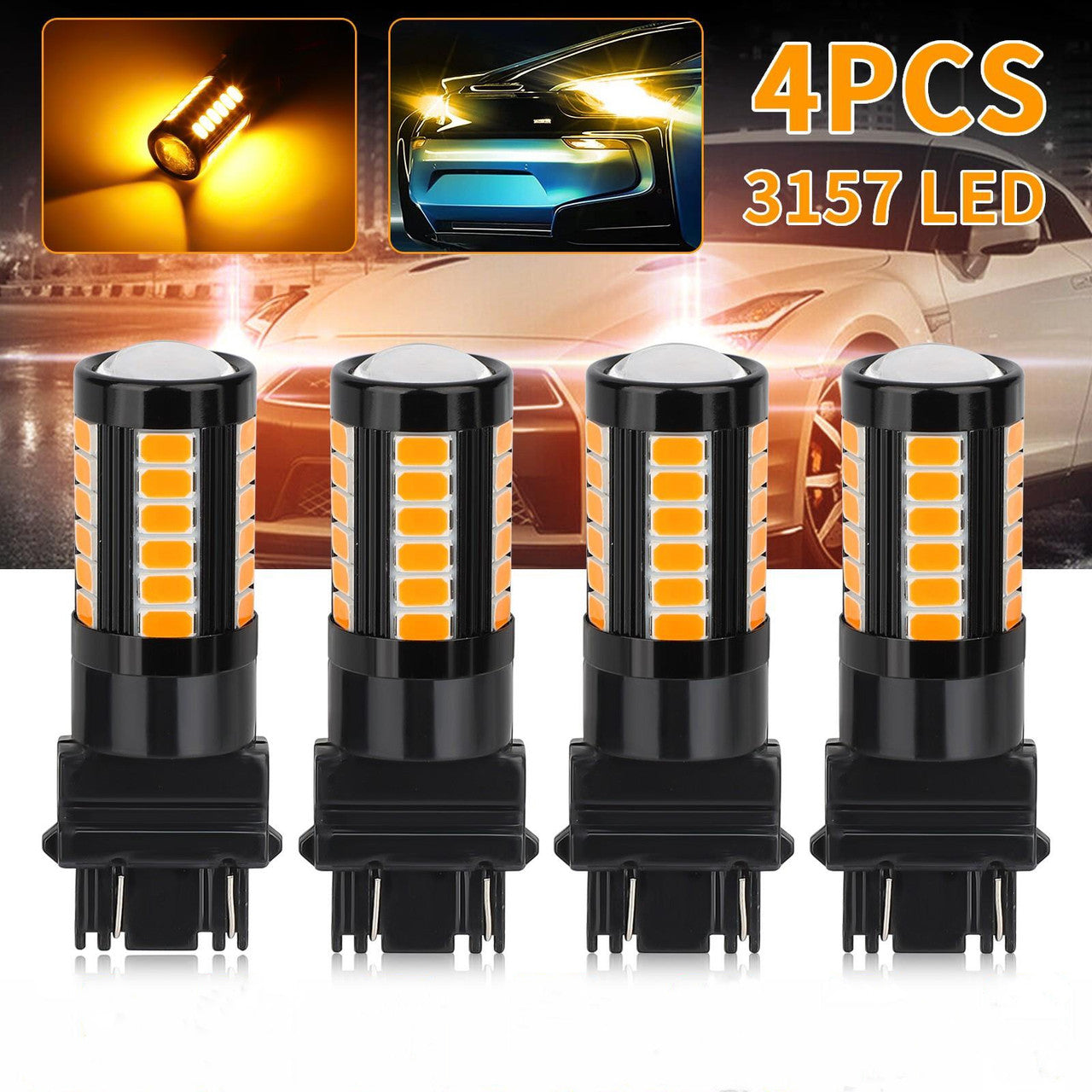 4 Pcs 3157 Turn LED Signal Light - Super Bright 12V 3000K Bulbs for Backup, Reverse, Tail, Parking,Side marker light 33-SMD (Amber)