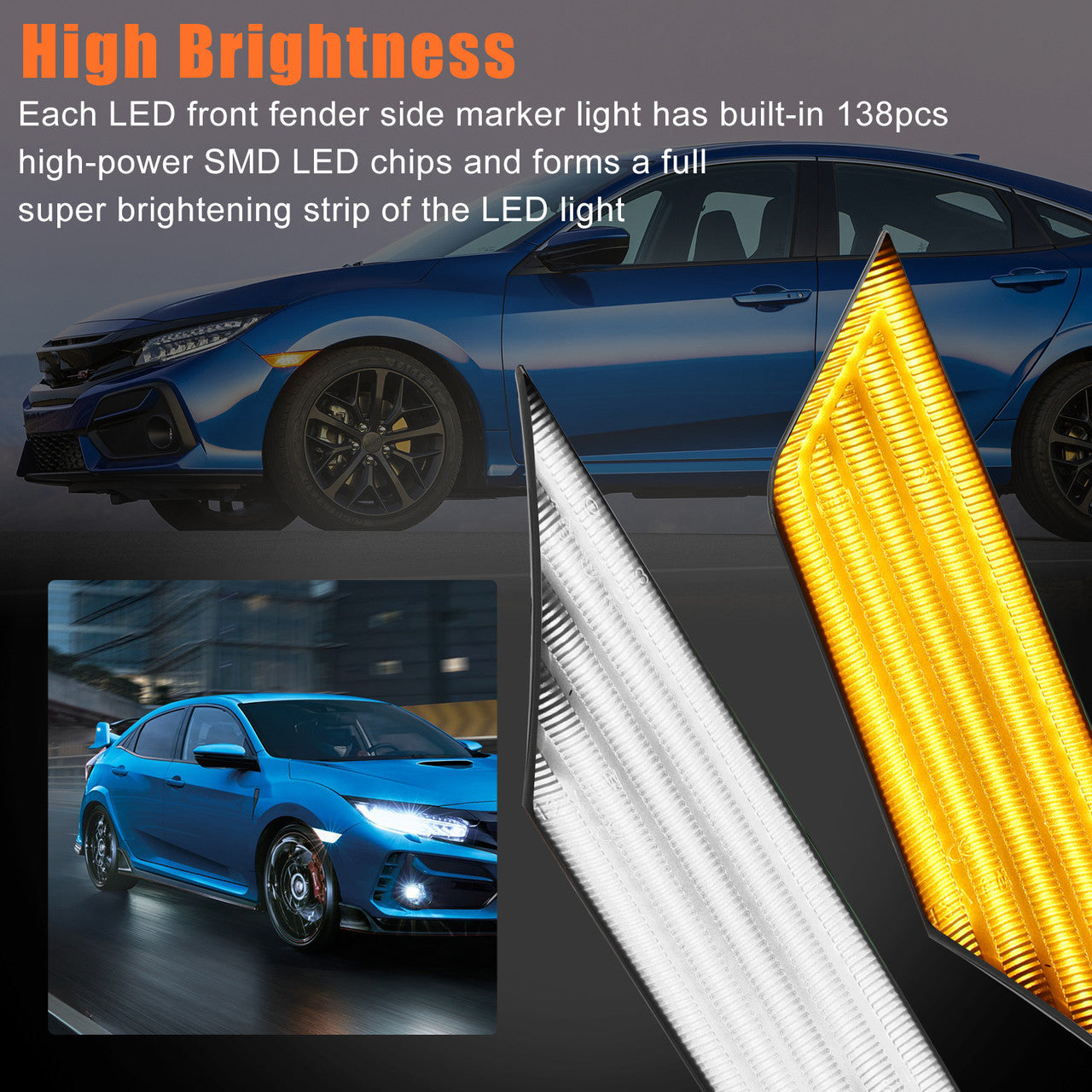 LED Side Marker Light For Honda Civic - Amber LED Lights compatible with 2016-2021 Honda Civic