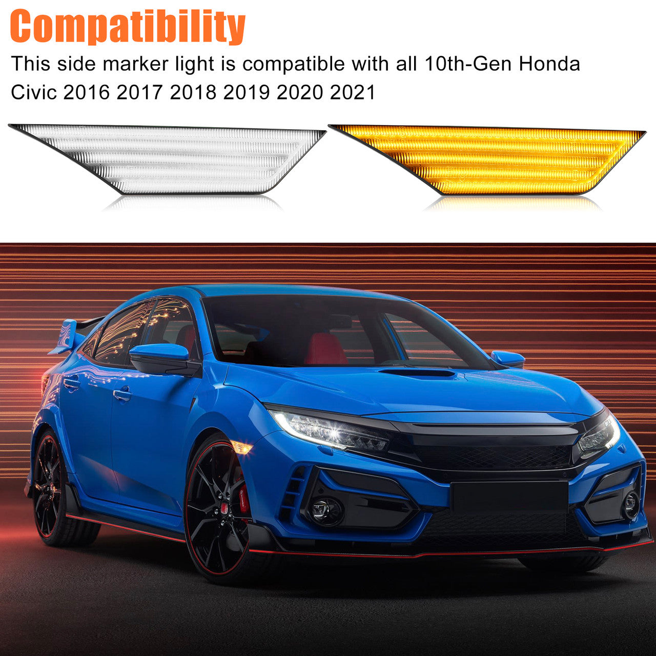 LED Side Marker Light For Honda Civic - Amber LED Lights compatible with 2016-2021 Honda Civic