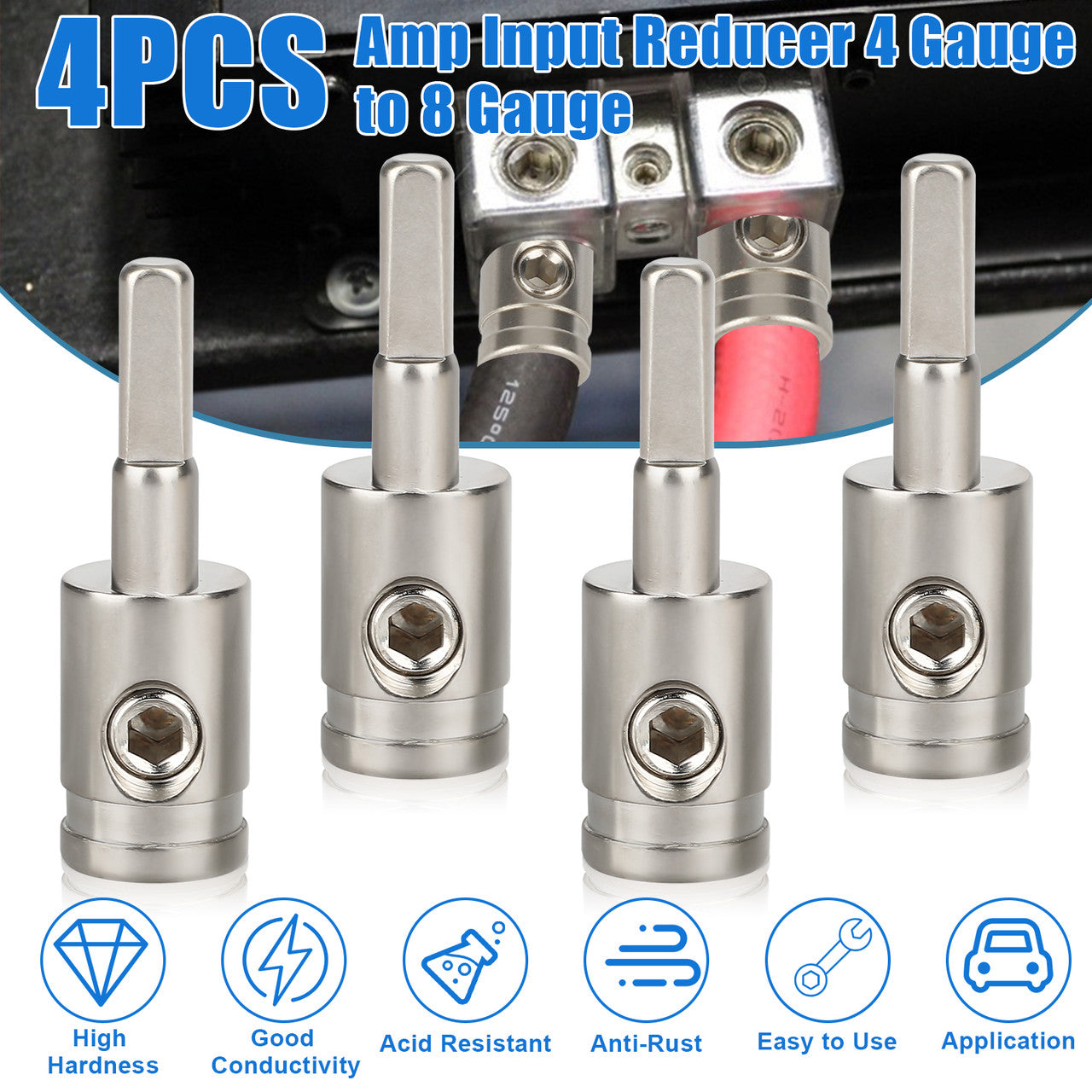 4 Pcs Amp Input Reducer - 4 Gauge to 8 Gauge Ground Input Reducer Connection Brass with Nickel Plated for most cars (Sliver)