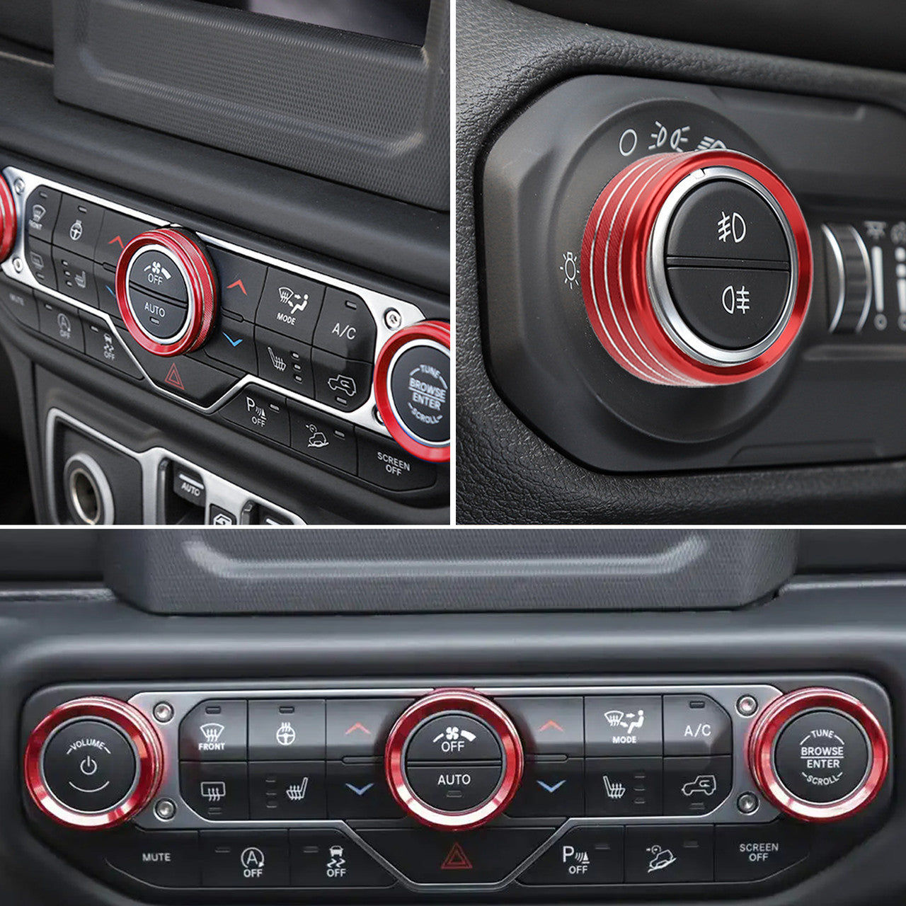 4 Pcs Air Conditioner Headlight Switch Knob Trim - Made of aluminum alloy,for 2018-2022 Jeep Wrangler JL JLU Gladiator JT(Red)