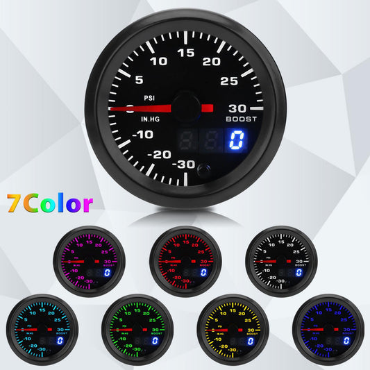52mm LED Car Turbo Boost Meter - With 7 Color Universal Auto Car Gauge Kit for all 12V cars (Black)
