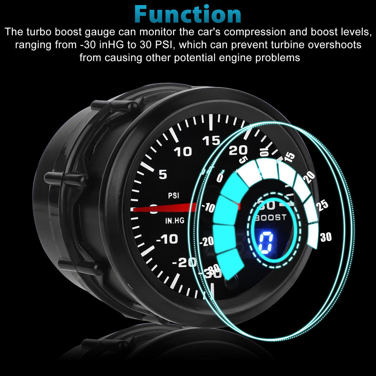 52mm LED Car Turbo Boost Meter - With 7 Color Universal Auto Car Gauge Kit for all 12V cars (Black)