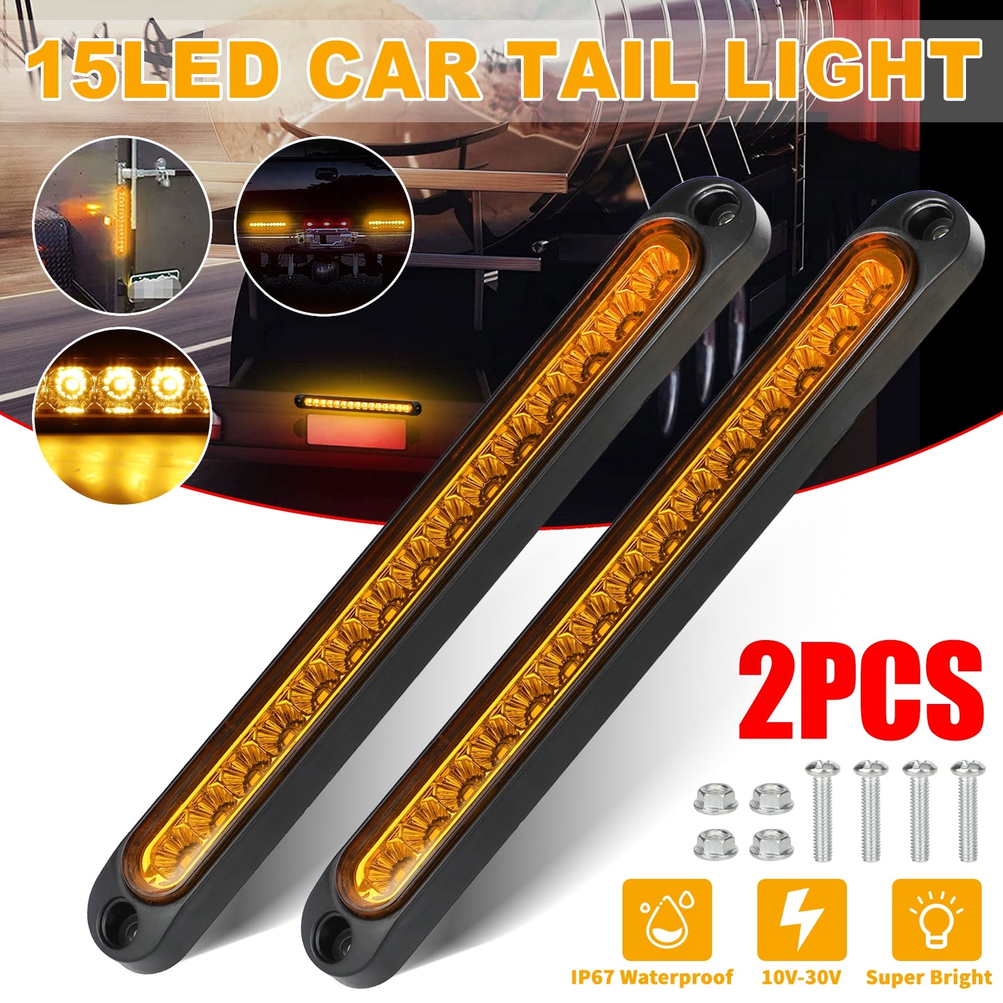 2PCS Amber 15 LED Truck DRL Light Bars