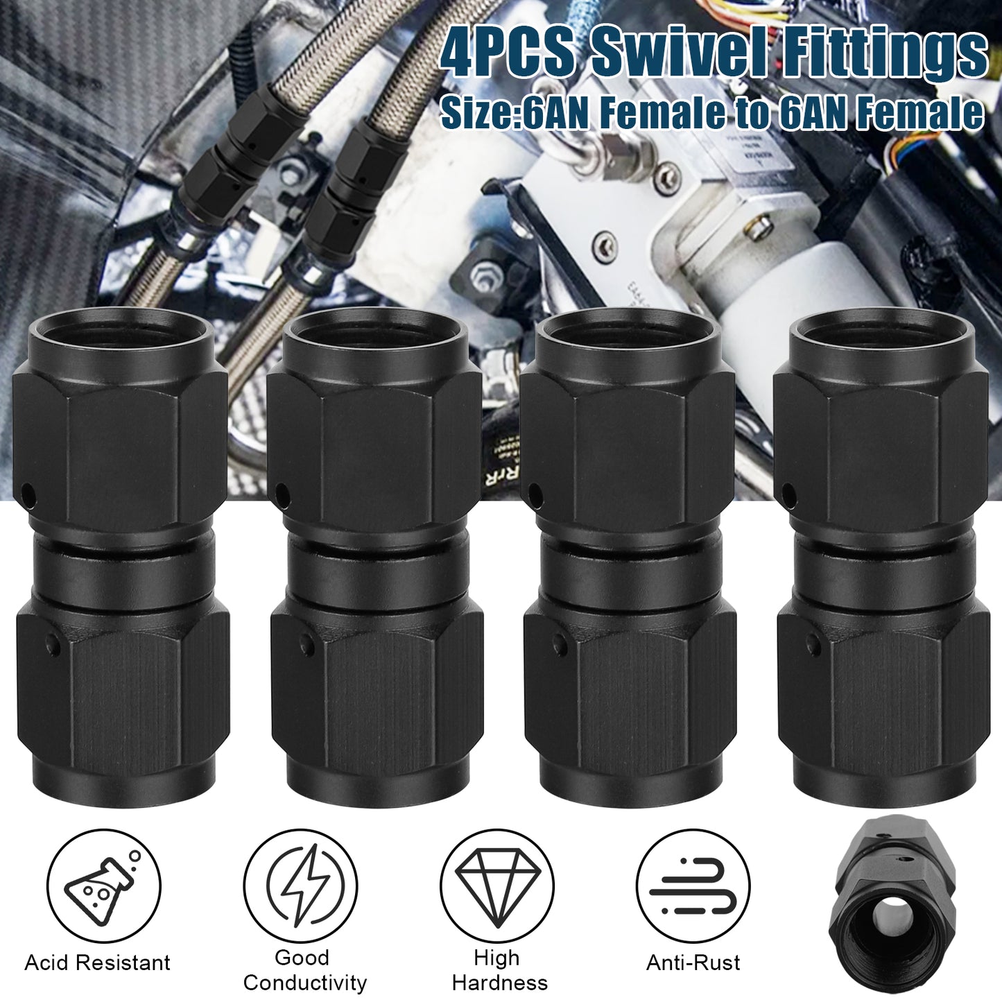 4PCS 6AN Female to 6AN Female Coupler Straight Swivel Fittings Connector