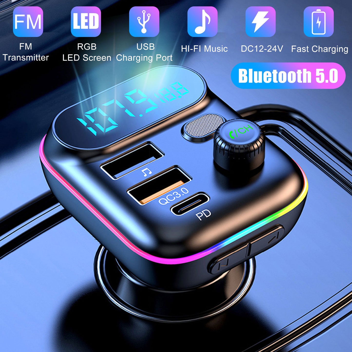 T70 Car Bluetooth 5.0 FM Transmitter