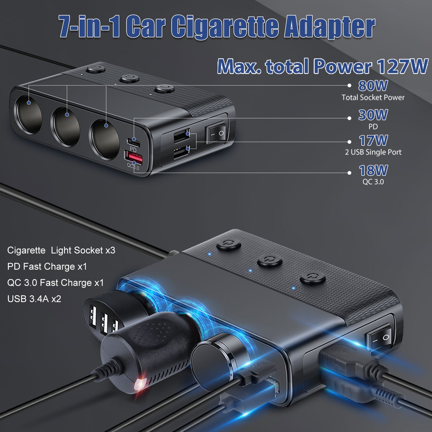 3 Way Car Cigarette Lighter Socket Splitter USB Fast Charger Adapter 12V - Expandable Power Hub