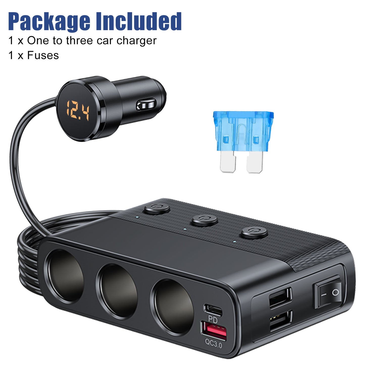 3 Way Car Cigarette Lighter Socket Splitter USB Fast Charger Adapter 12V - Expandable Power Hub