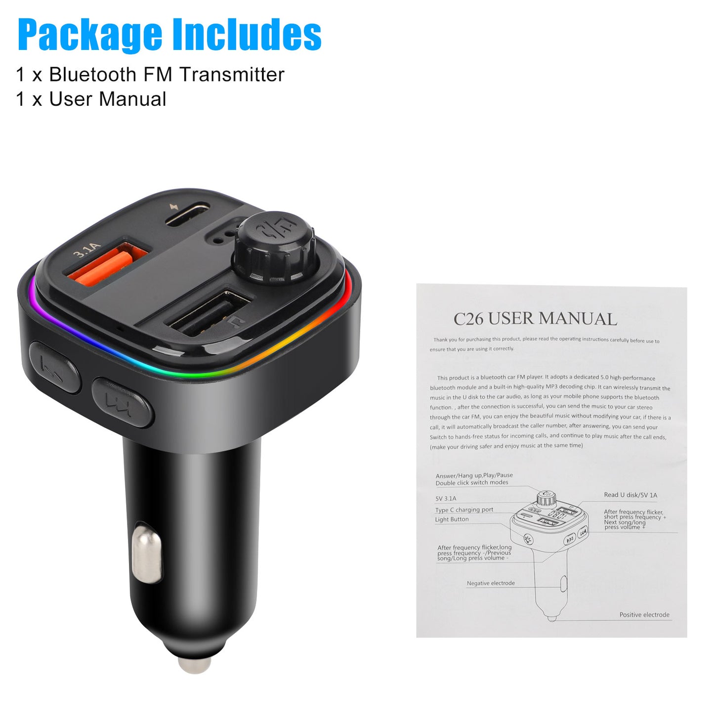 C26 Bluetooth FM Transmitter With USB Charging Ports