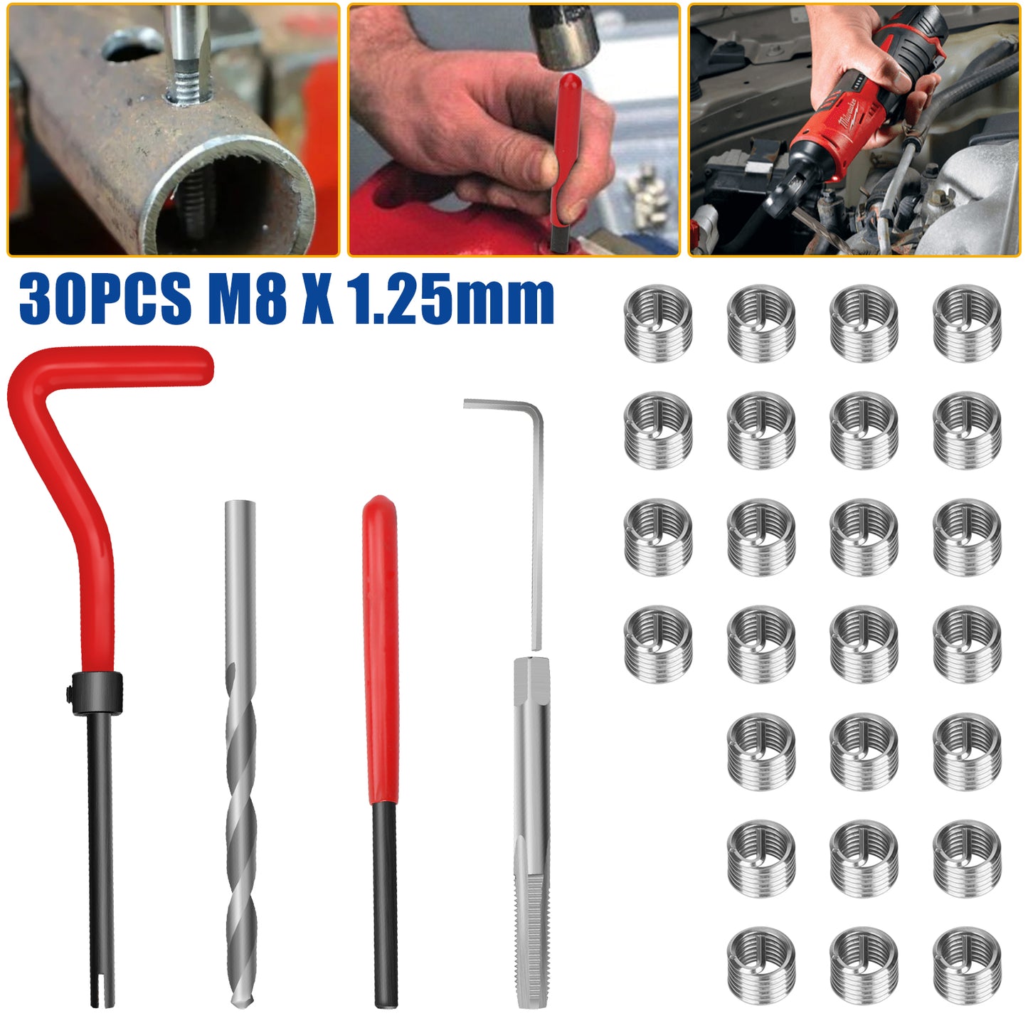 Automotive Thread Repair Kit - All-in-One M8 x 1.25mm Thread Inserts, Tap, Drill Bit, Installation Tool, and More