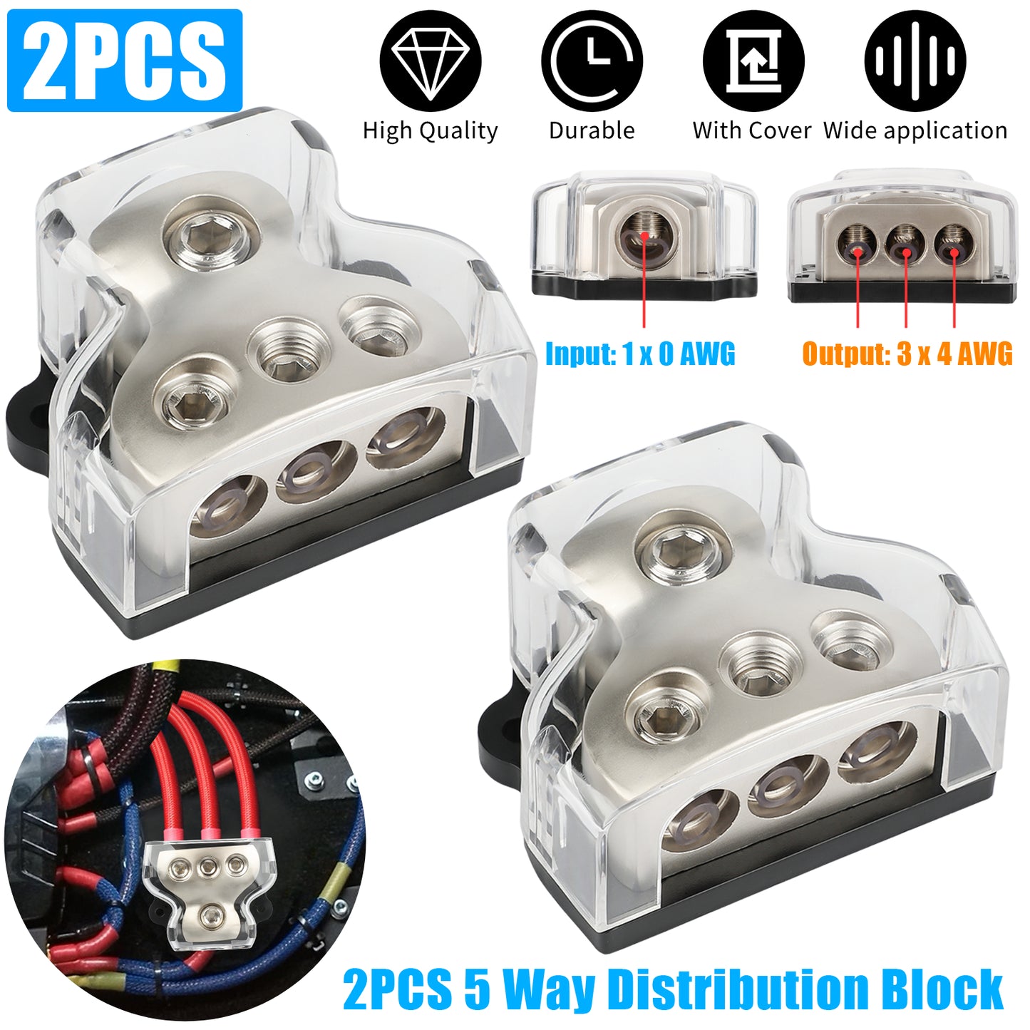 2pcs 3 Way Distribution Block Car Audio Power Wire Splitter