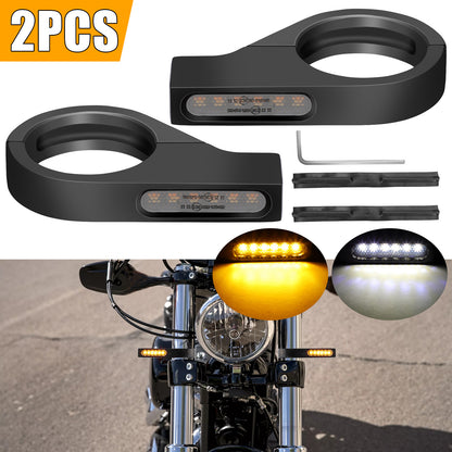 2X Motorcycle LED Turn Signal Lights - Sequential Amber & White Signals, Easy Install, 39mm-41mm Fork Tubes