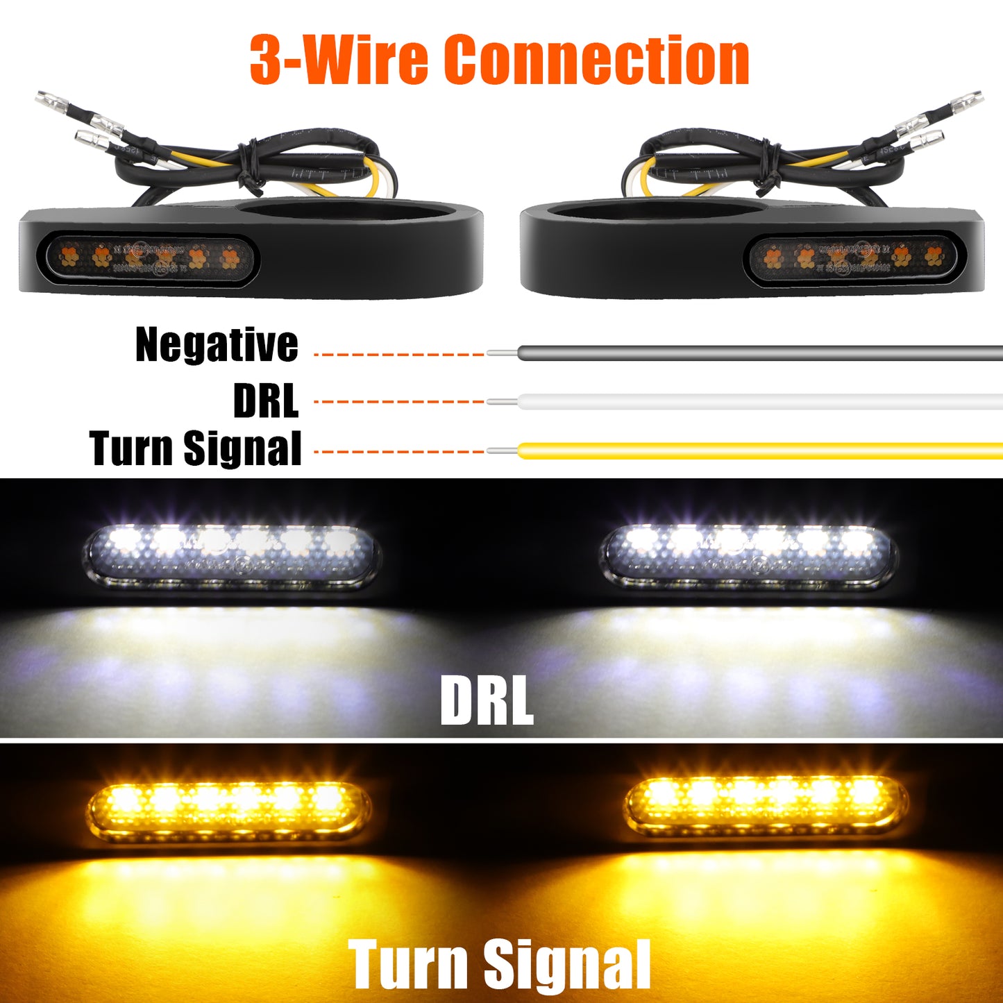 2X Motorcycle LED Turn Signal Lights - Sequential Amber & White Signals, Easy Install, 39mm-41mm Fork Tubes