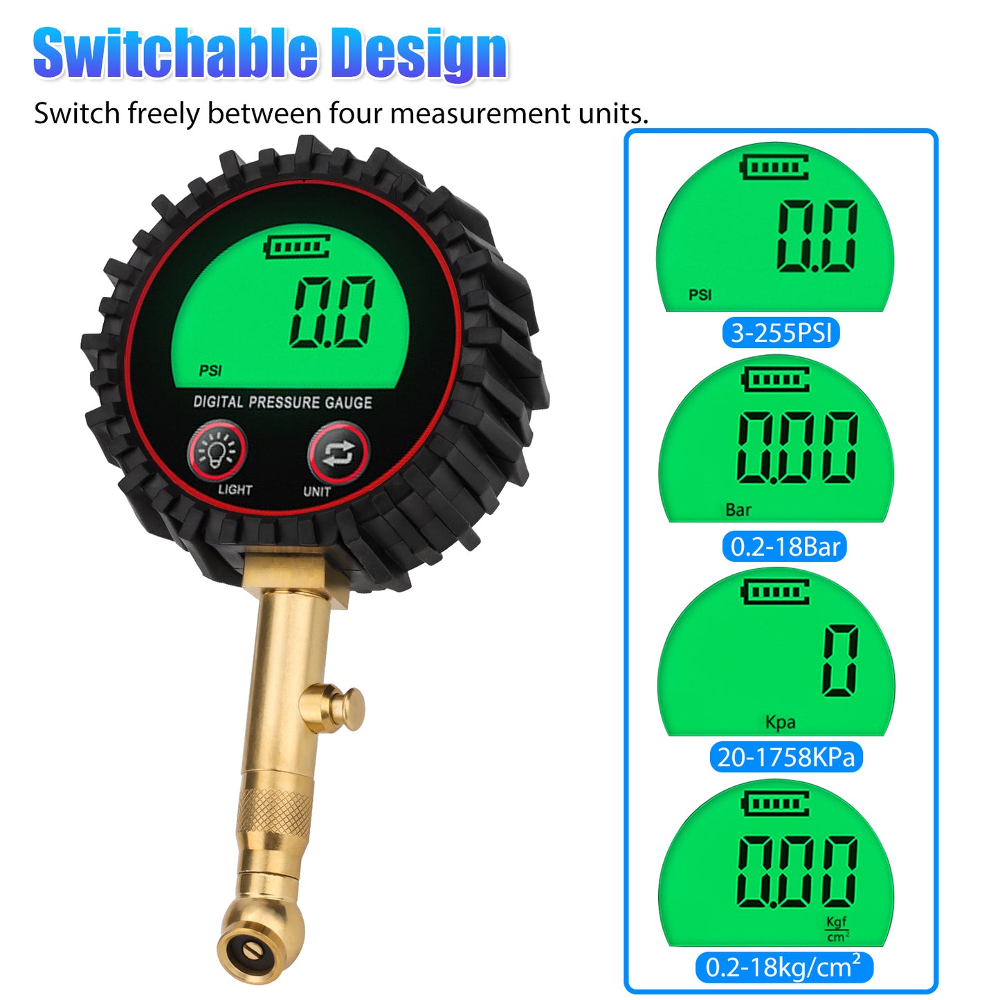 Tire Pressure Gauge - Rugged & Accurate, LCD Display, Switchable Units, Easy to Use, Ideal for Cars, Trucks, RVs