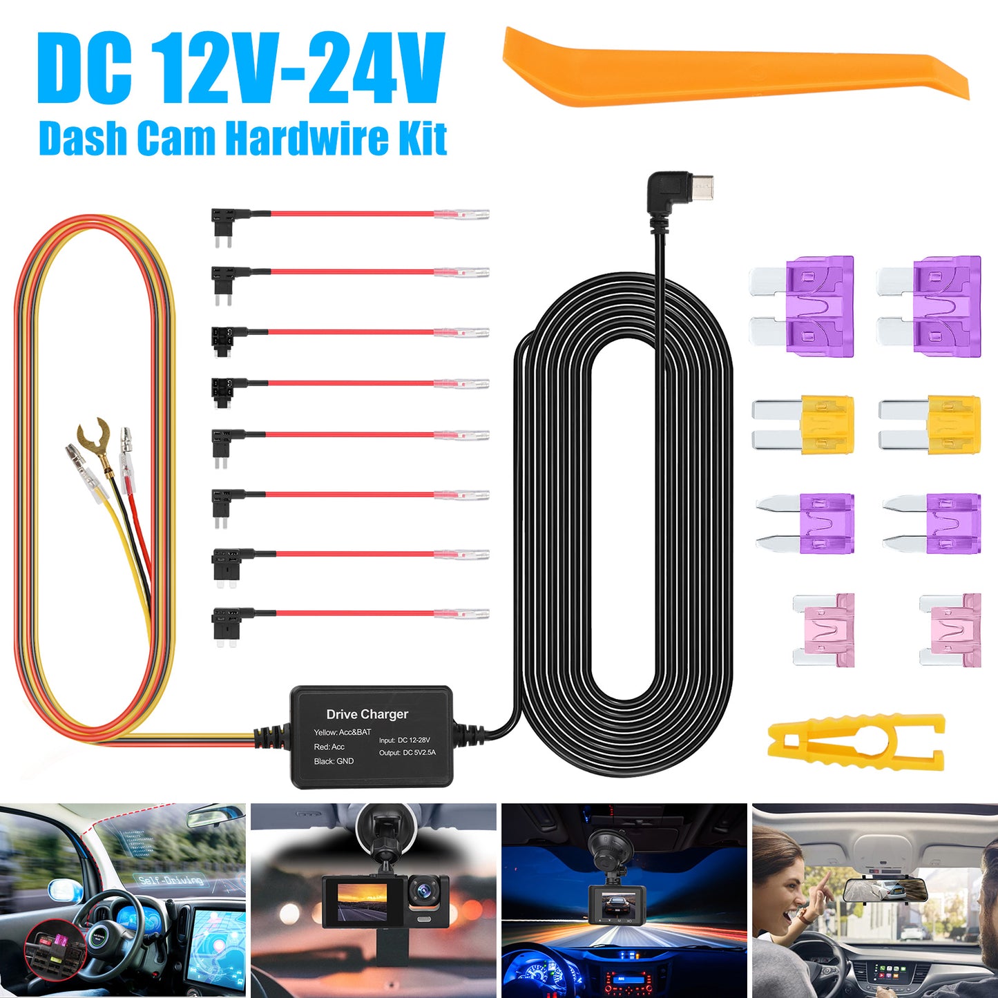 3-Lead ACC Mini-USB Hardwire Kit for Continuous Dash Cam Power