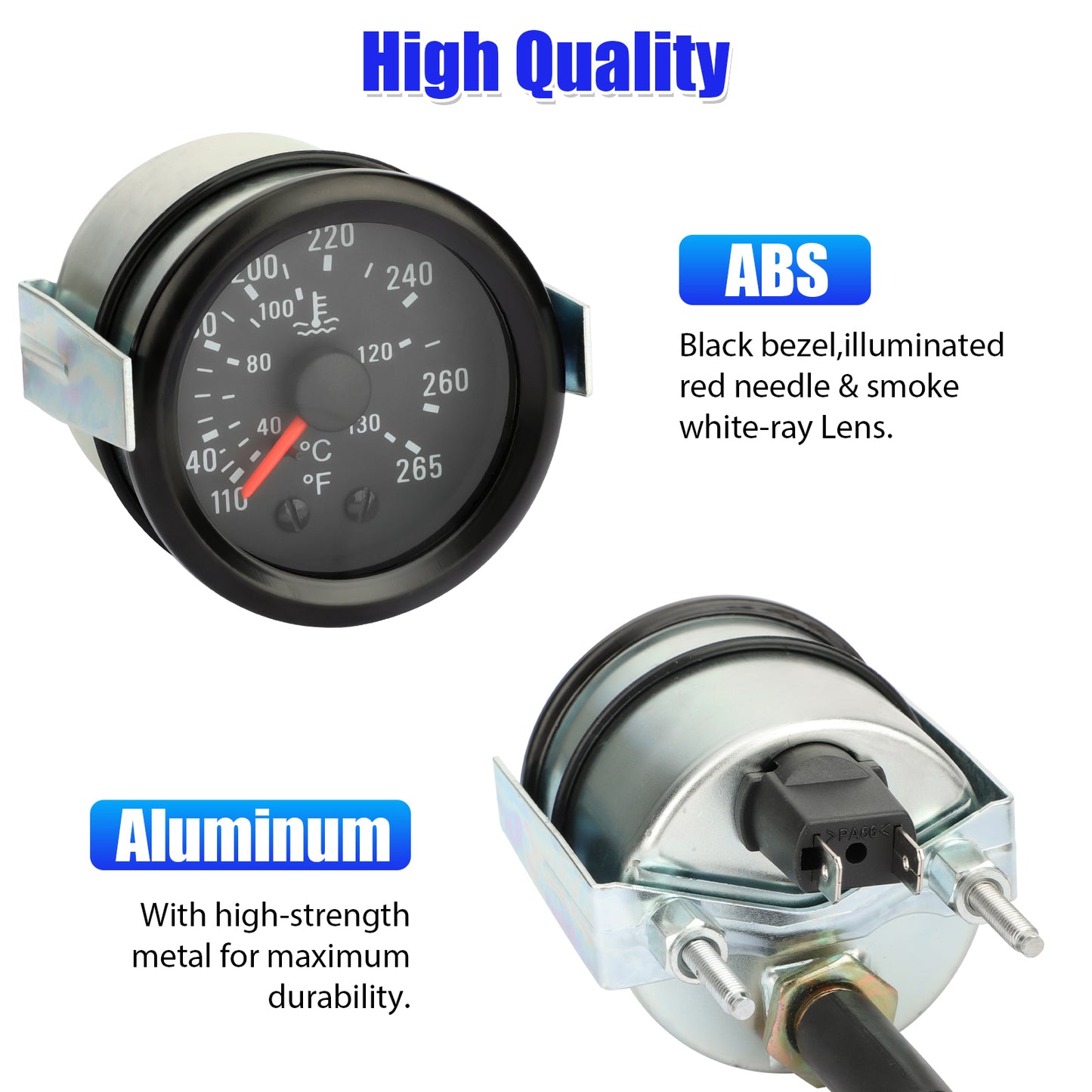 2'' 52mm Pointer Water Temp Temperature Gauge 1/2''NPT Sensor 40-130℃ & 110-265℉